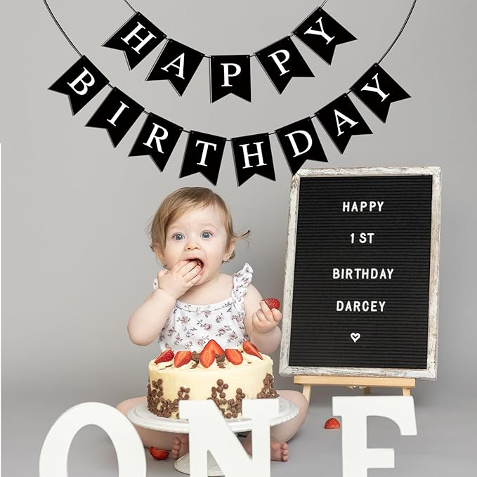 Happy Birthday Banner, Black Happy Birthday Decorations Birthday Sign for Birthday Party Backdrop Decor, Black Happy Birthday Sign Party Hanging Supplies for Girls Boys and Women