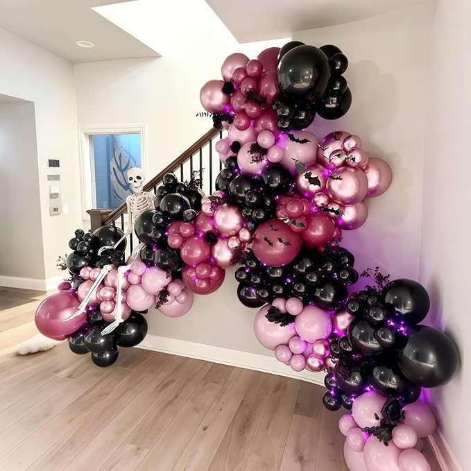 Halloween Balloon Arch Garland Kit, Black Pink Witch Halloween Balloons with Spider & Bat Decor, Metallic Fuchsia Pastel Goth Spooky Balloon for halloween Party Home Garden Outdoor Party Decorations