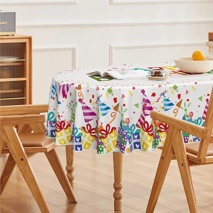Horaldaily Birthday Tablecloth 60x84 Inch Oval, Happy Birthday Ballon White Washable Seasonal Table Cover for Party Picnic Dinner Decor