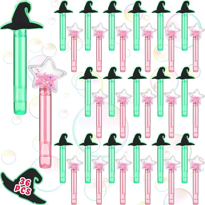36 Pcs Witch Party Favors Witch Hat and Star Bubble Wands Pink and Green Bubble Wands for Summer Outdoor Goodie Bags Stuffers Carnival Prizes Birthday Treats