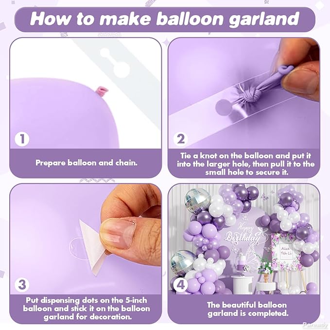 Purple Balloon Arch Kit, 120pcs Purple Balloon Garland Kit With Disco Ball Foil Balloons, Metallic Purple Pearl White Different Sizes For Birthday Wedding Baby Shower Party Bachelorette Decorations