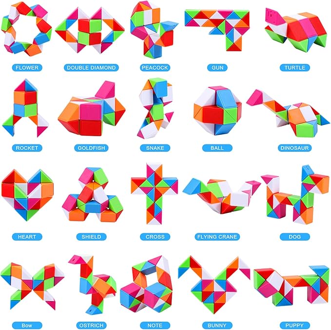 12 Pack Magic Snake Cube Fidget Toys for Kids - 24 Blocks Rainbow Twist Puzzle, Party Favors, Classroom Prizes, Birthday Goodie Bag Fillers, Stress Relief Sensory Toys