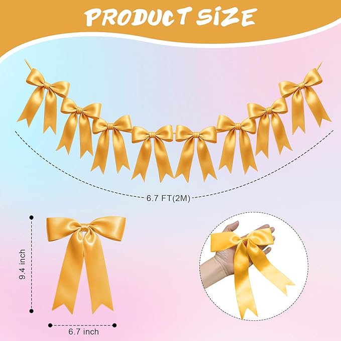 2 Strings of 16PCS Golden Bow Garlands Banner Decoration,Pre-Strung Satin Ribbon Ornaments for Birthday,Bachelorette Party,Bridal Shower,Wedding,Engagement,Baby Shower,Graduation Decor,Anniversary
