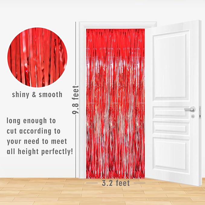 GOER 3.2 ft x 9.8 ft Metallic Tinsel Foil Fringe Curtains Party Photo Backdrop Party Streamers for Birthday,Graduation,New Year Eve Decorations Wedding Decor (3 Pcs, Red)