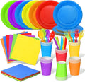 Jinei 168 Pcs Disposable Rainbow Party Supplies Set 7 Inch 9 Inch Colorful Paper Plates Napkins Cups Plastic Tableware Forks Spoons Knives for 24 Guests for Rainbow Theme Birthday Party Wedding