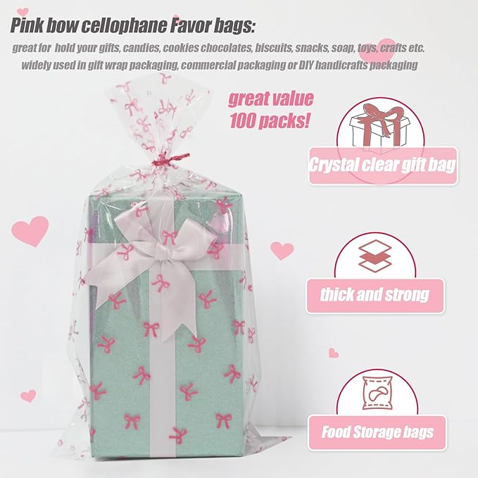 SOMIOCO Clear Gift Bags 6X11In 100PCS Pink Bow Cellophane Goodie Treat Bags for Candy Cookies ,Coquette Party Favors Bow Party Decorations with Twist Tie for Mother's Day,Birthday ,Baby shower,Wedding ,Bridal Engagement
