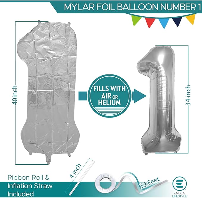 40 Inch Large Silver Number Celebration and Decoration Balloon for Birthday Parties, Graduations, Anniversaries, Weddings, Photo Shoots, Special Events - Helium Foil (Silver Number 1)
