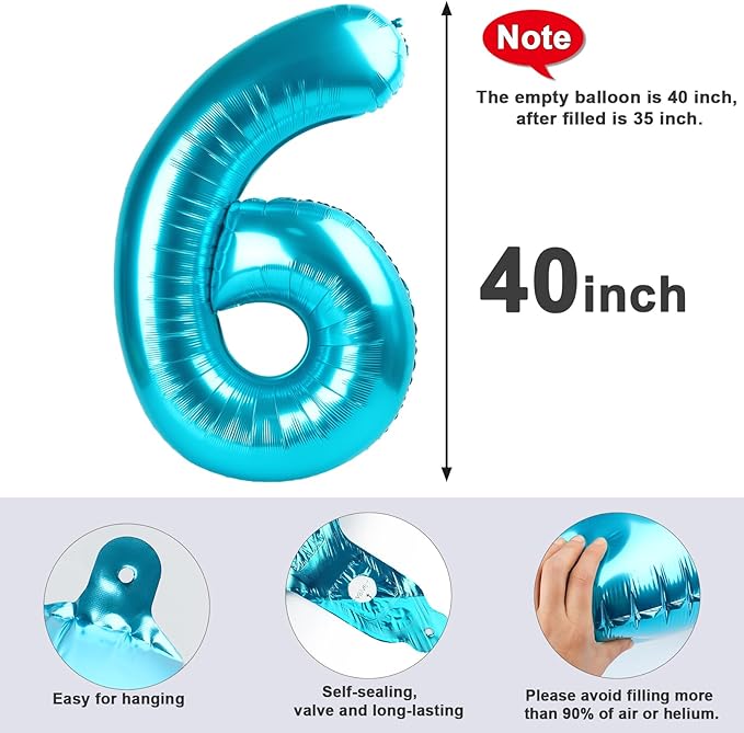 Number 6 Balloon 40 Inch, 6th Birthday Balloon for Boy Girl, Light Blue 16 60 61 65 Numbers Balloons Birthday Party Wedding Events Decorations