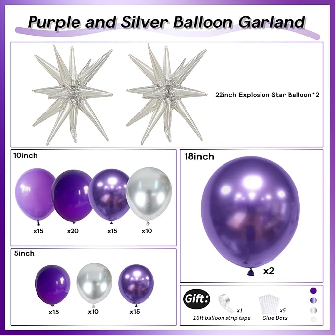 Dark Purple Balloon Arch Kit with 2pcs Spike Balloons, 110pcs Pastel Purple and Metallic Purple Silver Garland for Girls Women Wedding Anniversary Birthday Baby Shower Party Decorations Supplies