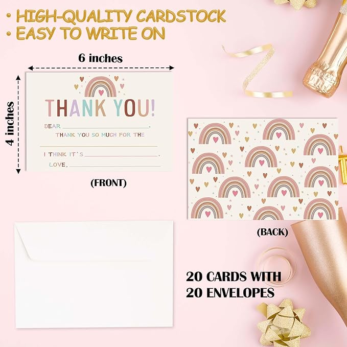 Kids Thank You Cards Fill in the Blank, Boho Rainbow Thank You Notes For Boys Girls, Rainbow Greeting Card, Birthday Party Decorations Favors (20 Cards With 20 Envelopes) -34