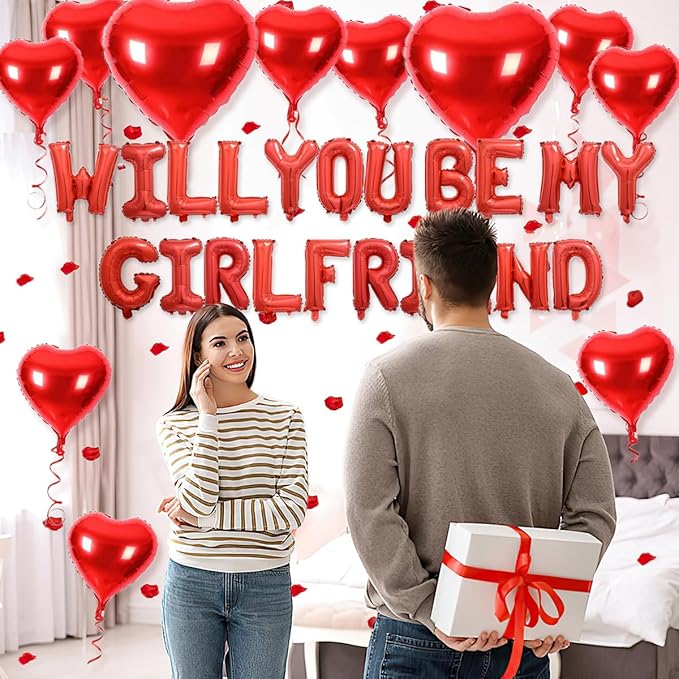2 set 16 inch Will You be My Girlfriend Balloons and Heart Balloons with 1000 Pieces Rose Petals, Red Letter Balloon for Her Valentines Day Decorations Wedding Anniversary Engagement