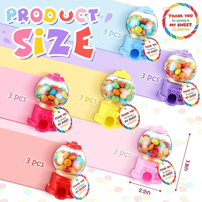 Candy Party Favors with 3.8 Inch Mini Candy Dispenser Toy Thank You Cards Mini Bubble Gumball Machines for Land Birthday Party Decorations Favors(18 Sets)