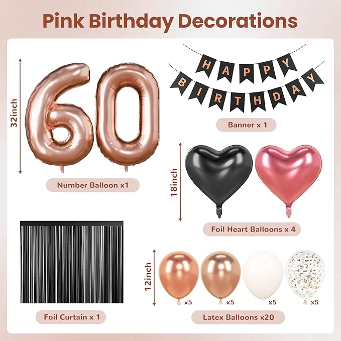 60th Birthday Decorations for Women - Rose Gold, Black and Hot Pink Party Supplies Set with Happy 60th Banner, Number 60 Balloons and Foil Fringe Curtains - 60 Year Old Celebration Kit