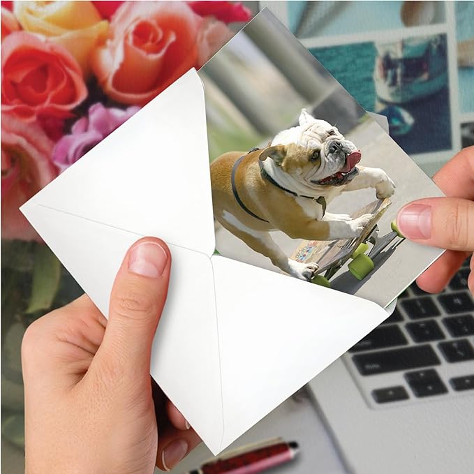 NobleWorks - Birthday Greeting Card with 5 x 7 Inch Envelope (1 Card), Fun Animal Bday Celebration - Skating Bulldogs - Green Wheels C9517EBDG
