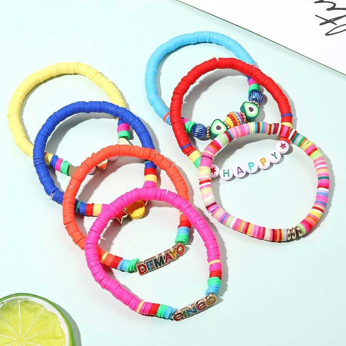 Surfer Heishi Bracelets for Women Stackable Rainbow Vinyl Disc Clay Beaded Stretch Bracelets Elastic Layering Friendship Bracelets Boho Summer Beach Jewelry