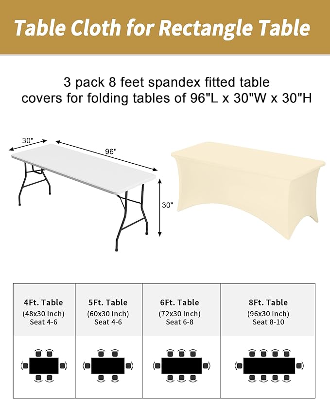 Fixwal 3 Pack Ivory Table Cloths Rectangle 8FT, Tablecloths Rectangular Stretch Spandex Fitted Table Covers 8ft for Parties, Trade Shows, Banquet, Weddings, Buffet, Graduation