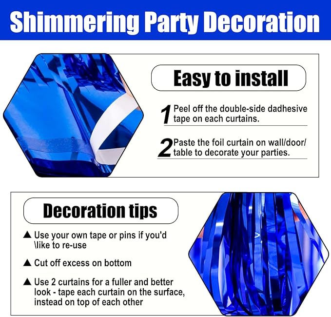 3 Pack Blue Foil Fringe Curtain Backdrop, 3.28Ft x 6.6Ft Metallic Tinsel Foil Fringe Streamer Curtains for Photo Booth, Christmas Day, Thanksgiving, Wedding, New Year Party Decorations