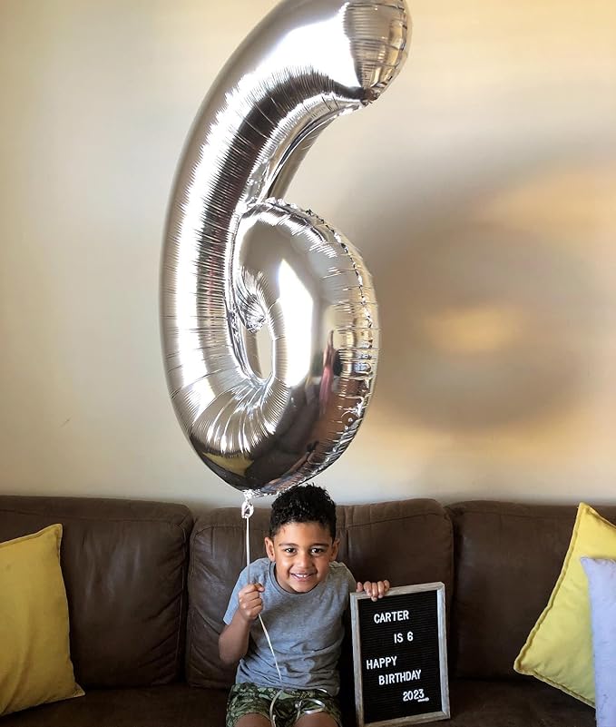 Silver Number 6 Balloon 40 Inch, 6 Balloon Number, 6th Birthday Decorations, Silver Party Supplies for Boys Girls