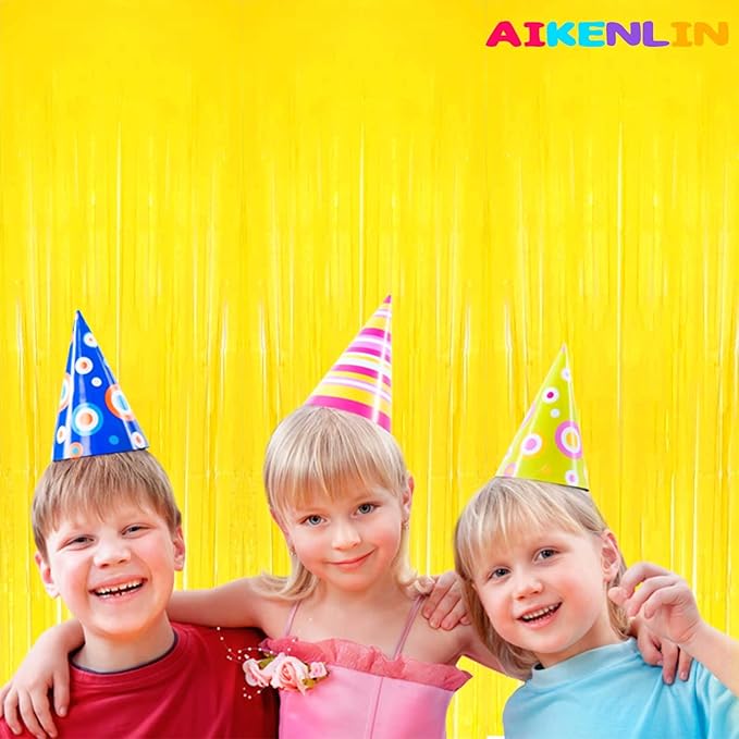 4 Pack 3.2Ft x 8.2Ft Yellow Foil Fringe Curtain Backdrop, Metallic Tinsel Foil Fringe Streamers Curtains Background for Photo Booth, Birthday, Wedding, Disco, Bachelorette, Christmas Party Decoration
