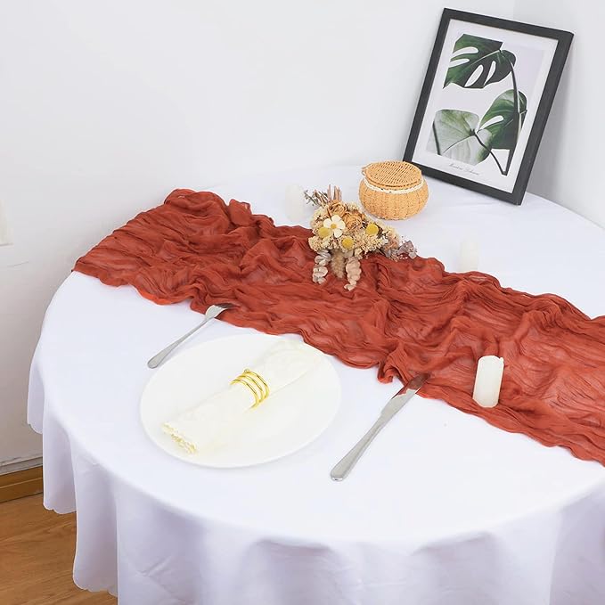 Snowkingdom 6PCS 10Ft Fall Thanksgiving Table Runner Terracotta Rust Cheesecloth Gauze, 120 inch Long Burnt Orange Boho Cheese Cloth for Wedding Bridal Shower Rustic Sheer Table Decorations