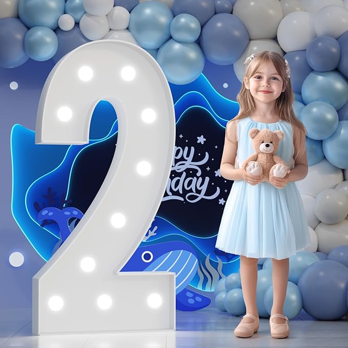 Marquee Number 2nd-Birthday Decorations: 4FT Large Light up Numbers 2 Big Sign for Boy Girl Second Birthday Sweet One Year Old Party Decor Anniversary Graduation Wedding Engagement Mosaic Balloon