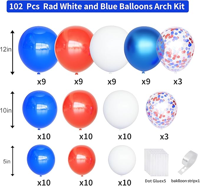 Red White Blue Balloons Different Size Red White and Blue Balloons Garland Arch Kit with Confetti Balloons for 4th of July Independence Day Birthday Party Anniversary