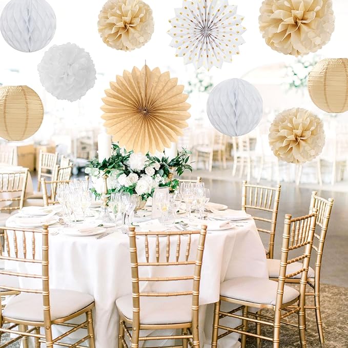 White Champagne Gold Boho Bachelorette Party-Decorations - 21pcs Women Bridal Shower Banner Garland,Bride To Be Paper Streamers Lanterns,Flower Tissue Pom Poms Fan Favors Wedding Decor Huglony