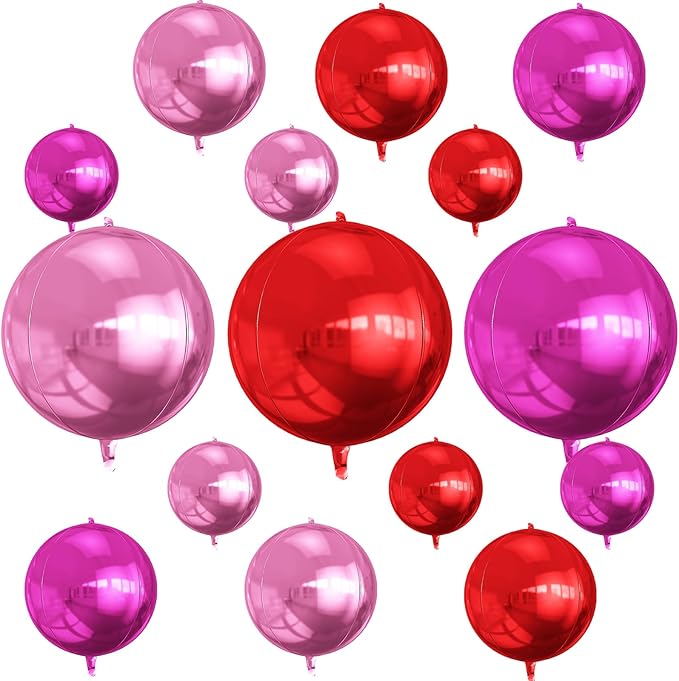 15PCS Red Pink Round Foil Balloons, 22" 15" 10" Large 4D Ball Balloons Red Hot Pearl Pink Mirror Sphere Balloon for Valentines Day Wedding Women Girls Birthday Party Ceiling Decorations