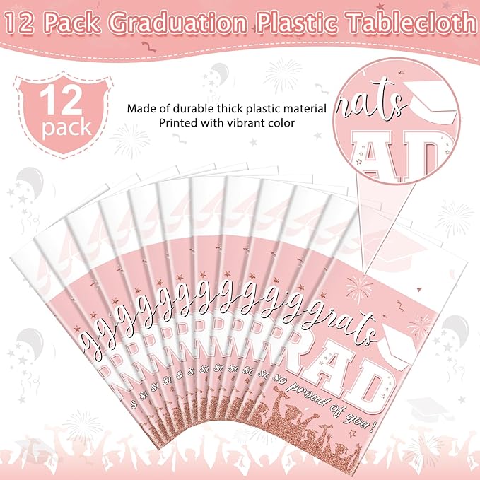 12 Pack Graduation Tablecloth Party Decorations, Class of 2026 Congrats Grad Plastic Tablecover Party Supplies, Pink Rectangle Graduation Table Decorations for College High School Party, 54 x 108 Inch