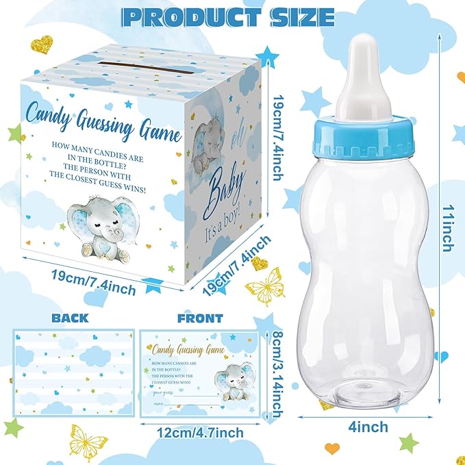 Glenmal 52 Pcs Baby Shower Games Gift Sets Large Baby Bottle for Shower Game Guess How Many Candies Decorations for Gender Reveal(Blue Elephant)