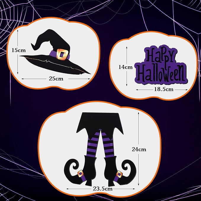 Yerliker Halloween Happy Sign Decoration Witch Legs Hat Hanging Wooden Wall Decor Version Rustic Front Door Hanger Fall Art Ornament for Home Room Indoor Outdoor Holiday Party(Purple)