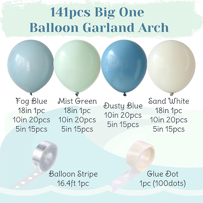 The Big One Balloon Garland Arch Kit, 141pcs Haze Fog Blue Mist Green and Sand White Balloons for Beach Party Decorations Surf Theme First Birthday On Board Boho Baby Shower Supplies