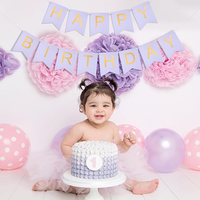 lavender Happy Birthday Banner Purple - Hanging Backdrop Sign with Gold Letters, Happy Birthday Sign Bunting Decorations for Women men Kids Baby Shower Party Supplies (13pcs)