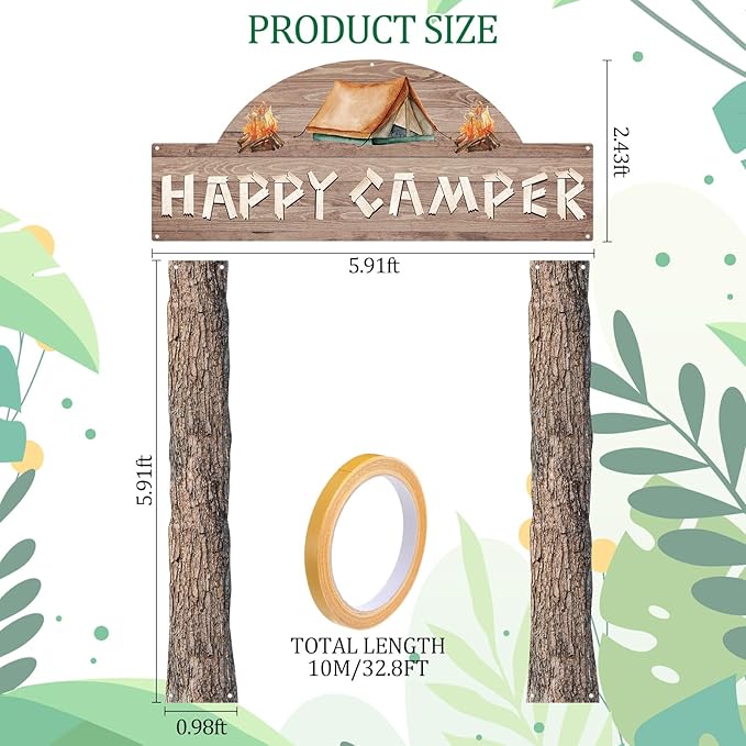 Peryiter 3 Pcs Camping Themed Party Decorations Banner Welcome Porch Sign with 1 Double Sided Tape for Summer Camp Birthday Hawaii Baby Shower Themed Party Activity Decor Door(Happy Camper)
