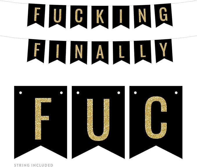 Andaz Press Faux Gold Glitter on Black Bridal Shower Bachelorette Party Banner Decorations, Fucking Finally, Approx 5-Feet, 1-Set, Colored Hanging Pennant Decor