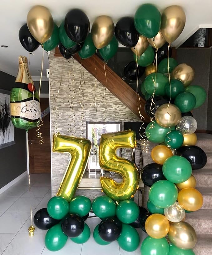 Green and Gold Black Balloon Arch Kit, 201Pcs Explosion Star Emerald Forest Dark Green Metallic Gold Black Balloons Garland for Birthday Baby Shower Jungle Graduation Prom Party Decorations