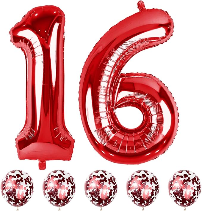 16th Birthday Balloons Red, 40 In Giant Digital Foil Number 1 and 6 Balloons with Confetti Balloons, Number 16 61 Balloons Self Inflating for Boys Girls Women Anniversary Party Decorations Supplies