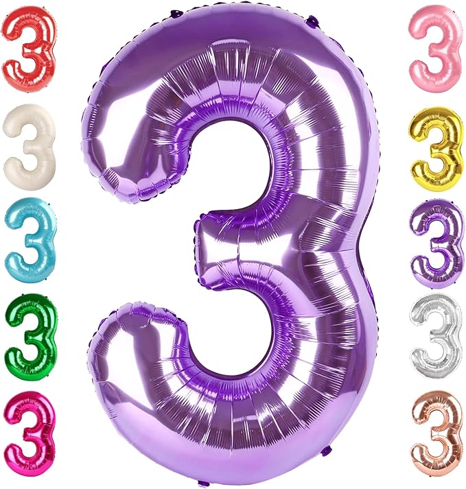 Numbers Balloon 3, 40 Inch Large Purple Balloon for Three Year Old Birthday Decor, 3 13 30 31 Birthday Party Decorations for Wedding Supplies