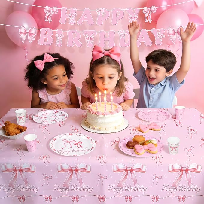 Pink Bow Happy Birthday Decorations Set for 24: Bachelorette Party Supplies Kit with Dinner & Dessert Plates, Napkins, Cups, Banner, Tablecloth - for Women's Tea Birthday Party Decorations