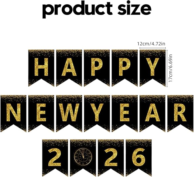 Happy New Year Banner,New Years Eve Party Supplies 2026, No DIY, Black Gold Happy New Year Banner for Outdoor Indoor Home Party Decorations