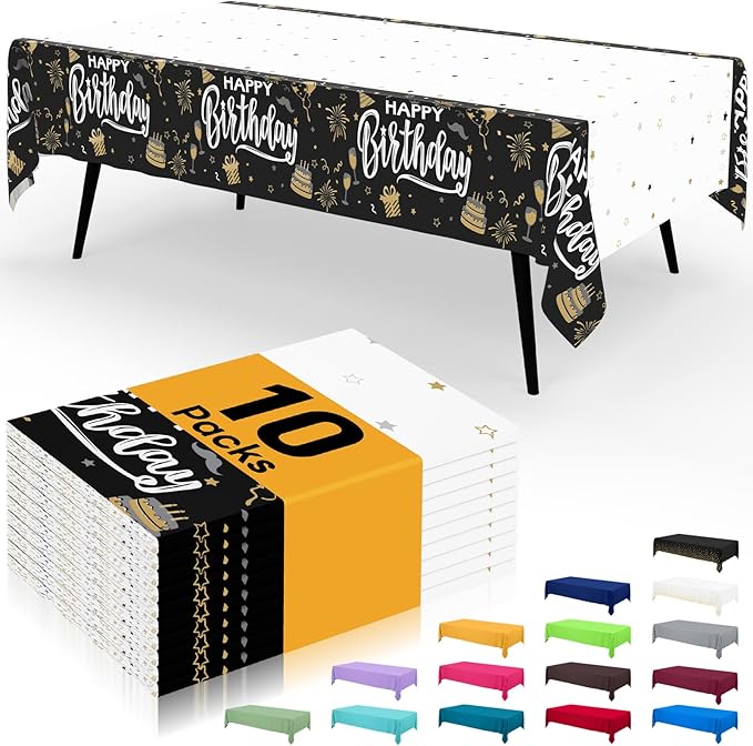 Smiry Disposable Table Cloth - 10 Pack, 54 x 108 Inch Waterproof Rectangle Tablecloths for Parties, Decorative Plastic Table Cover, Leakproof & Sturdy, Black & White