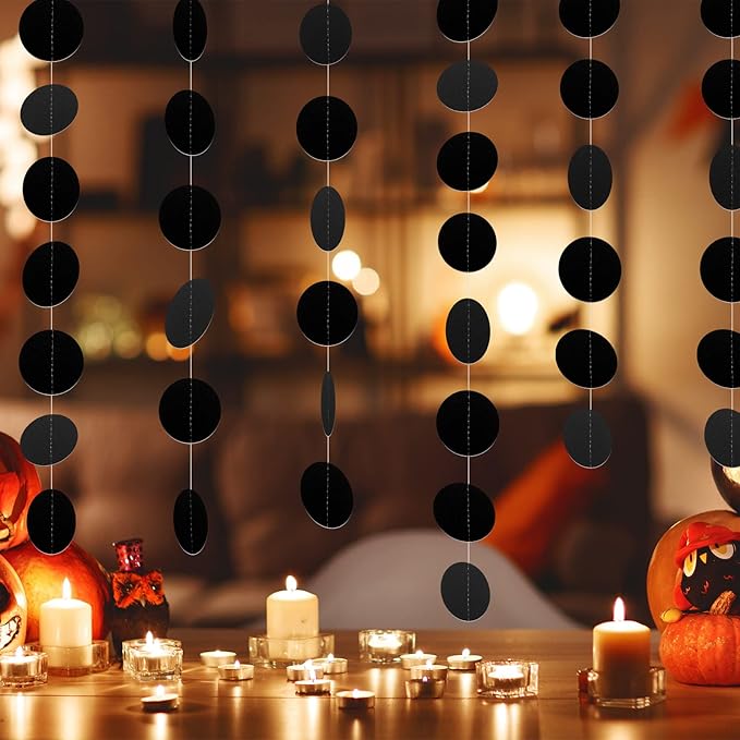MIAHART 52 Feet Circle Garlands Black Circle Dots Paper Garland Circle Hanging Banner for Birthday Graduation Halloween Party Decorations