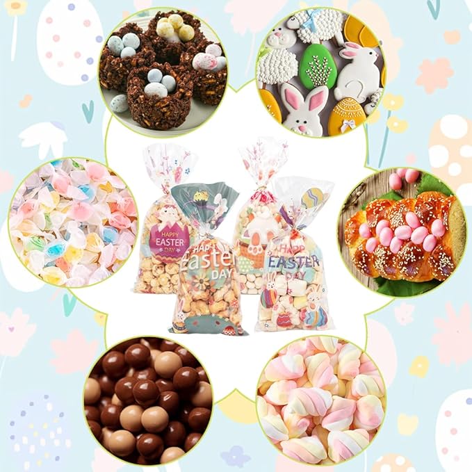 Easter Goodie Bags, 100 PCS Easter Cellophane Treat Bags, Easter Cookie Snack Candy Party Favor Ziplock Cookie Bags Holiday Candy Bags Easter Plastic Gift Bags for Gift Giving Easter Decorations