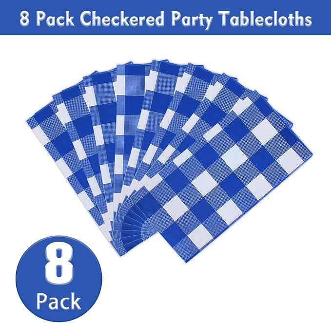 Kesfey 8 Packs Bule and White Checkered Tablecovers 54 x 108 Inches Disposable Party Picnic Table Cloth SpillProof Plastic Gingham Tablecovers for Camping Decoration Party Favors