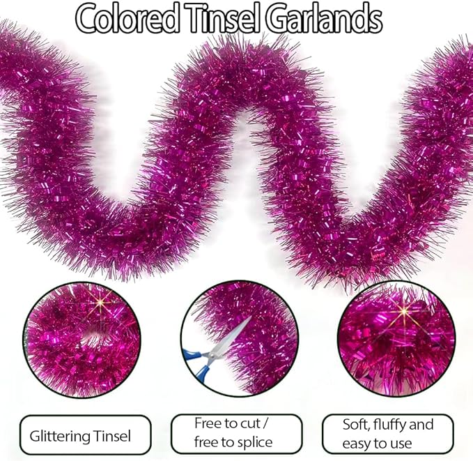 33Ft Christmas Tinsel Garland Shiny Thick Tinsel Xmas Tree Decorations Metallic Twist Foil Spring Garland for New Year Parties Teachers' Day Easter Parade Floats Indoor Outdoor Supplies - Pink