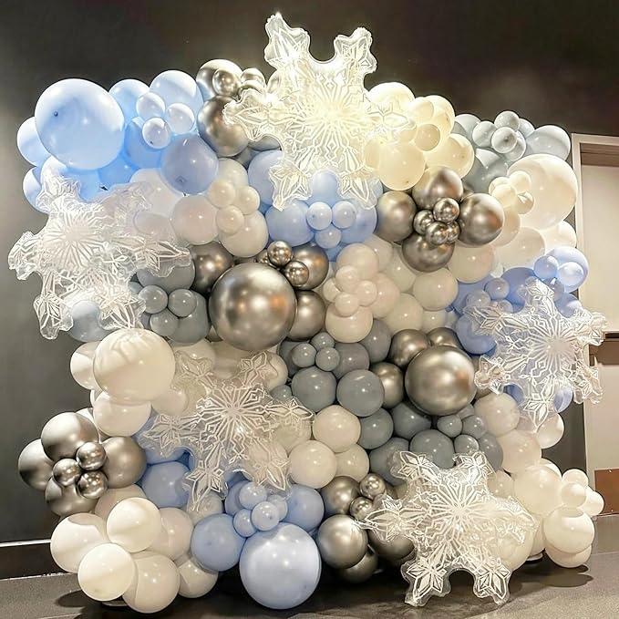 Baby Blue White Winter Wonderland Balloons, 60PCS Dusty Blue and White Metallic Silver Snowflakes Balloons for Ice Snow Wonderland Wedding Birthday Baby Shower Christmas New Year’s Party Decorations