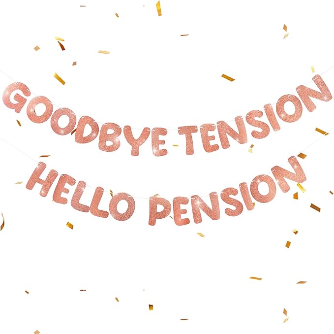 Retirement Banner Pre-Strung GOODBYE TENSION HELLO PENSION Banner Glitter Retirement Party Supplies Decorations for Women Men Office Home Decor (Rose Gold)