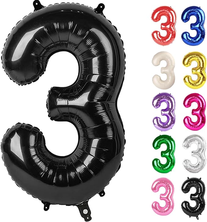Black Number 3 Balloon 40 Inch, 3 Balloon Number, 3rd Birthday Decorations, Black Party Supplies for Boys Girls