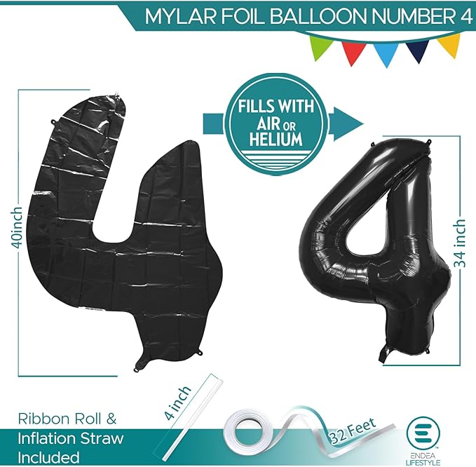 40 Inch Large Black Number Celebration and Decoration Balloon for Birthday Parties, Graduations, Anniversaries, Weddings, Photo Shoots, Special Events - Helium Foil Mylar (Black Number 4)