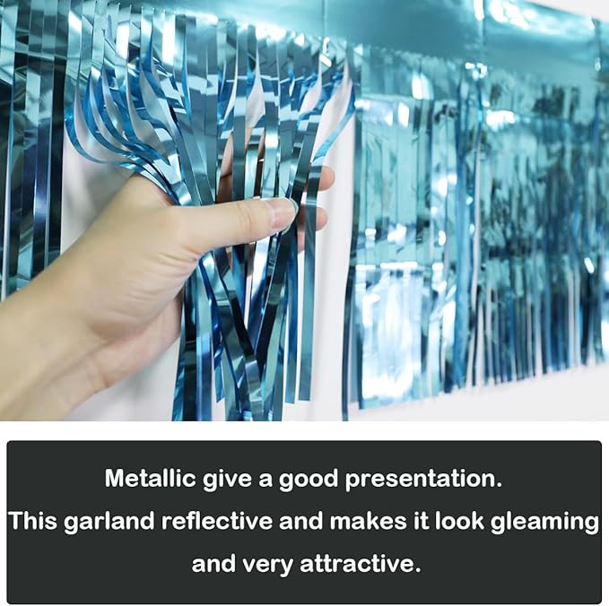 3 Pack Total 30 Feet Foil Fringe Garland Light Blue Metallic Wall Hanging Drapes Tassel Skirting Teal Tinsel Streamers for Parade Float Trailer Mardi Gras Party Birthday Wedding (Turquoise)